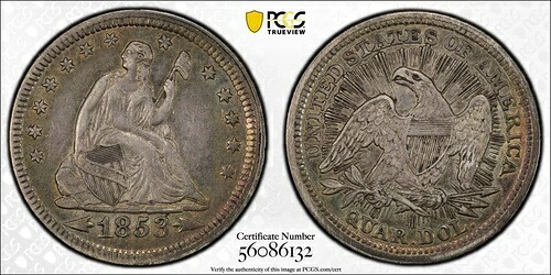 1853年 25セント PCGS AU50 矢と光線 着席型リバティクォーター 56086132｜WORLD RESOURCE【KING店】