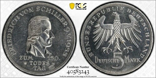 ドイツ 1955 F 5 マーク・シラー PCGS Ms64 S-389 希少タイプ