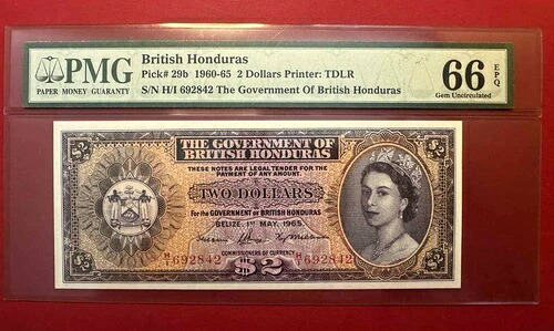 英領ホンジュラス: 2 ドル 1960 - 65/ピック 29b/PMG ジェム 未使用 66 EPQ。 217,250円