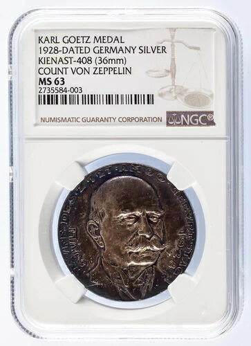 1928年 シルバー カール・ゲッツ メダル K #408 フォン・ツェッペリン伯爵 NGC MS-63 認定