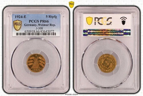 5 レンテンプフェニヒ 1924 E PCGS認定プルーフ PCGS PR66