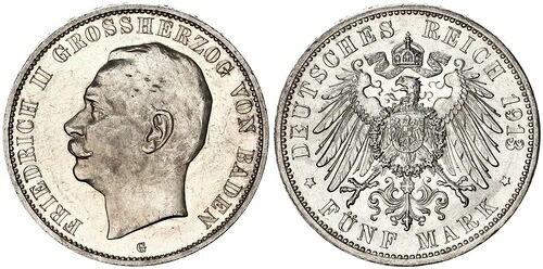 バーデン 5マルク銀貨 1913年 G フリードリヒ II. J.40 ほぼ未使用 128402｜WORLD RESOURCE【KING店】