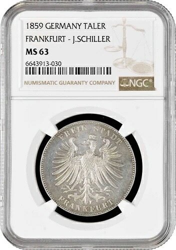 フランクフルト 1ターラー 1859年、NGC MS63、「フリードリヒ・シラー生誕100周年」