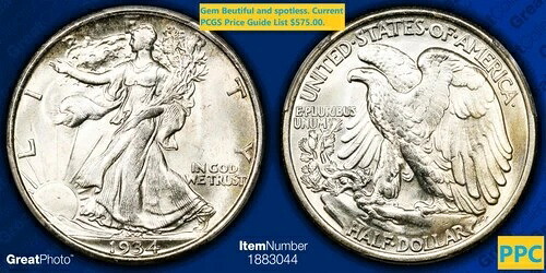 スーパージェム 1934年 ウォーキング・リバティ ハーフドル PCGS- MS-66。PCGS価格ガイド $575 218,900円