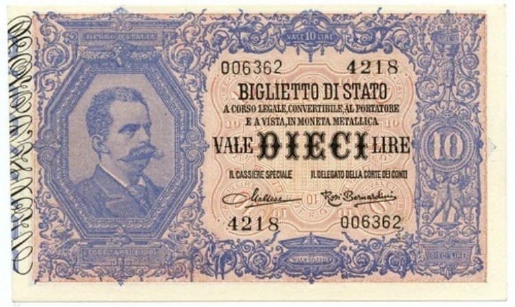 10 リラ BIGLIETTO DI STATO EFFIGE UMBERTO I 03/06/1925 SUP+