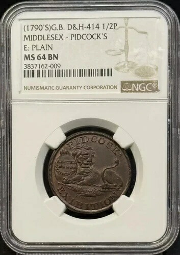 1790年代のコンドルトークン NGC MS-64 BN ミドルセックス - ピッドコック E: プレーン 215,600円