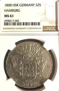 ドイツ国営ハンブルク 1808 HSK 32シリング硬貨 ターラー NGC MS 61ターラー 希少