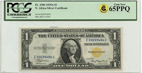 1935A 1ドル 北アフリカ 銀貨証明書 FR#2306 PCGS GEM 65 PPQ GCC ゴールド
