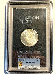 #A9009、モルガン銀貨、GSA ホード ゴールド シールド PCGS MS64 1884 CC、箱と証明書付き