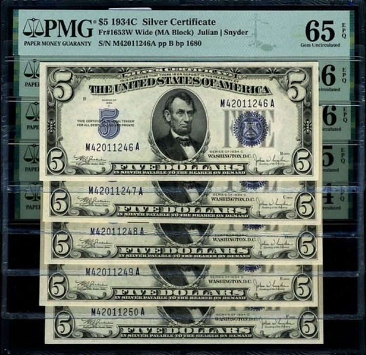 FR. 1653 W $5 1934-C 銀貨証明書 ワイド 5枚 CONSEC ロットチョイス PMG 64-66 EPQ