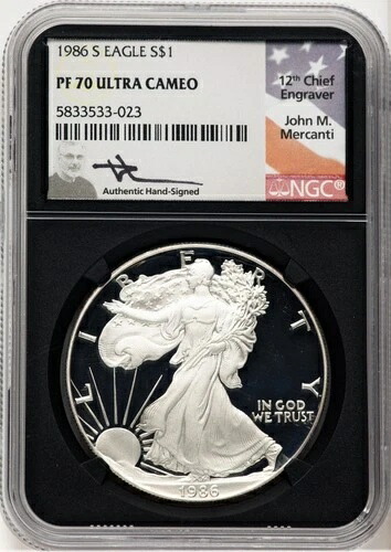 1986-S プルーフ シルバー イーグル 1オンス ジョン NGC PF70 メルカンティ (774670023)