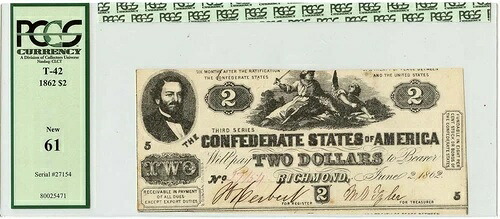 1862年 T-42 2ドル 南軍 CSA PCGS 通貨 MS61