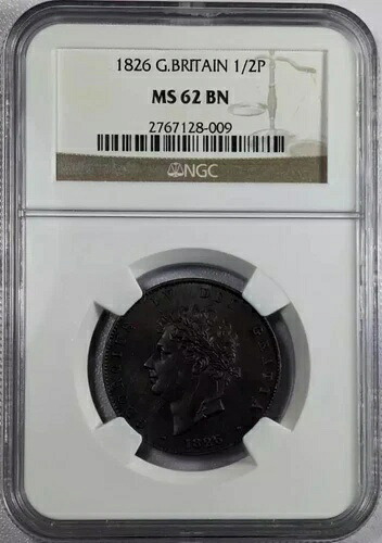 1826年 イギリス 銅貨 1/2ペニー NGC MS-62