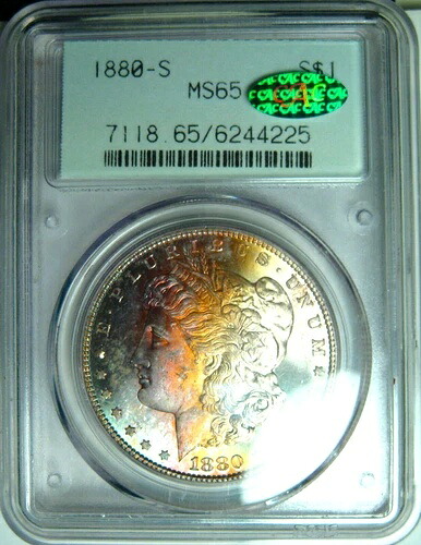1880年代のトーン付きモルガン・ダラー（PCGS GEM MS65 CAC、希少な2.1オールドグリーンホルダー入り）*