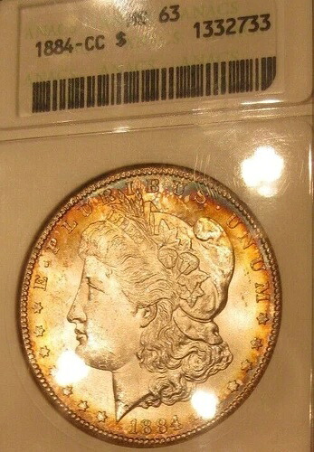 1884年CCモルガン銀貨 - オールドファッティANACS MS 63、カラフルトーニング4362