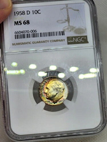 1958年 D ルーズベルト シルバー ダイム NGC MS68 4つだけグレードの高いレインボートーン PQ