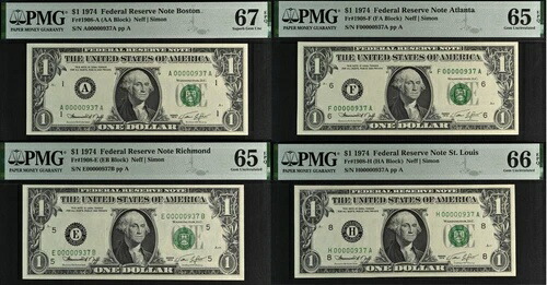 1974年製 3桁ジェムコイン 4枚セット $1 FRN PMG 67EPQ ファンシーロー シリアルナンバー 00000937