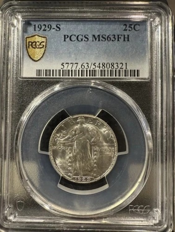 1929-S スタンディング リバティ クォーター - 25 セント PCGS MS63 FH - フルヘッド - 光沢あり!
