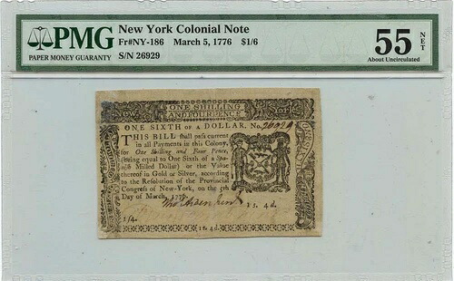 1776年3月5日 $1/6 ニューヨークコロニアル NY-186 PMG AU55 NET