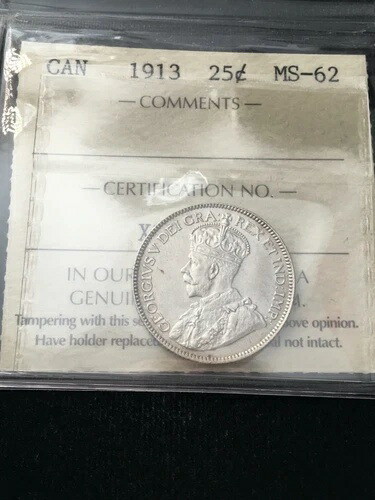 1913 年 ICCS グレードカナダ、25 セント、**MS-62**