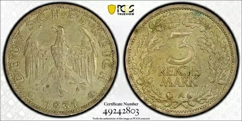 1931年 ドイツ - ワイマール共和国 シルバー 3マーク PCGS MS-62 8266 214,500円