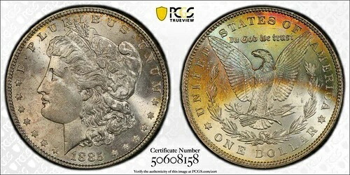 1885年 P モルガン 1ドル PCGS MS64+ クレセントレインボートーニング U066