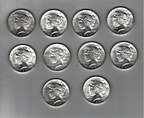 10枚セット .900% 米国 8 BU 銀貨 2枚 未流通 平和ドル 1924-P、写真参照