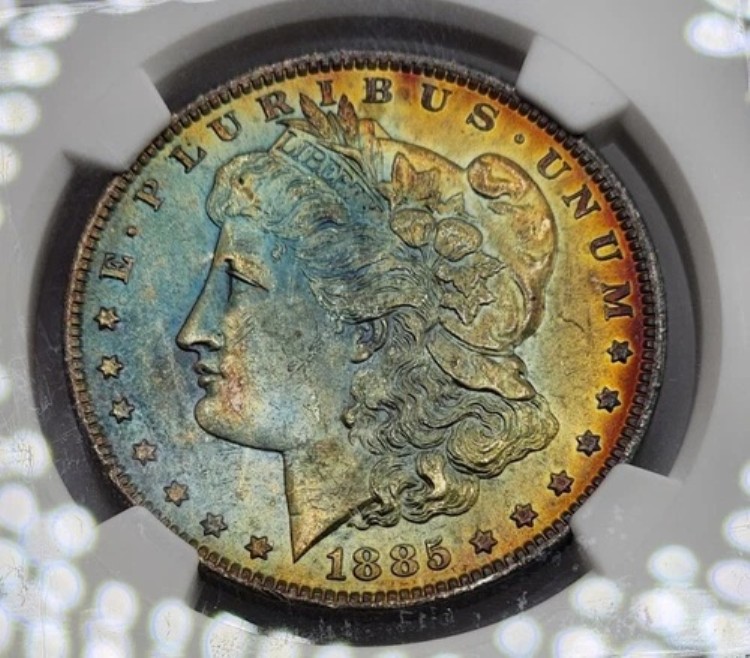 1885年 O モーガン シルバー ダラー NGC MS63 レインボートーンカラートーニング 派手なBUコイン