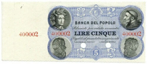 5 リラ 標本 CON MATRICE FIDUCIARIO BANCA del POPOLO FIRENZE 07/12/1871 FDS