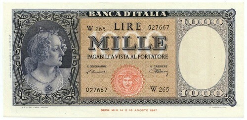 1000 リラ イタリア オルナータ ディ ペルレ メデューサ シリーズ ソスティトゥティヴァ W 20/03/1947 qFDS