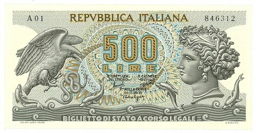 500 リラ BIGLIETTO DI STATO ARETUSA PRIMA SERIE A01 20/06/1966 FDS