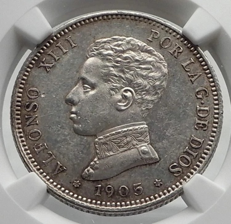 1905年 スペイン スペイン国王 アルフォンソ13世 純銀 2ペセタ コイン NGC i79895