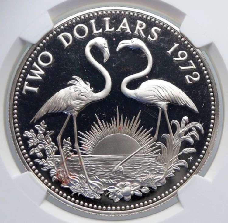 1972年 バハマ オールドクイーンエリザベス2世 フラミンゴ プルーフ 2ドル銀貨 NGC i89242