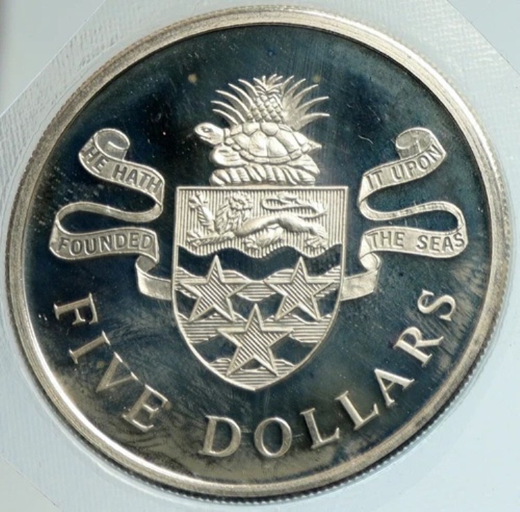 1975年 ケイマン諸島 英国 エリザベス2世 4.2cm オールドプルーフ 5ドル銀貨 i103118