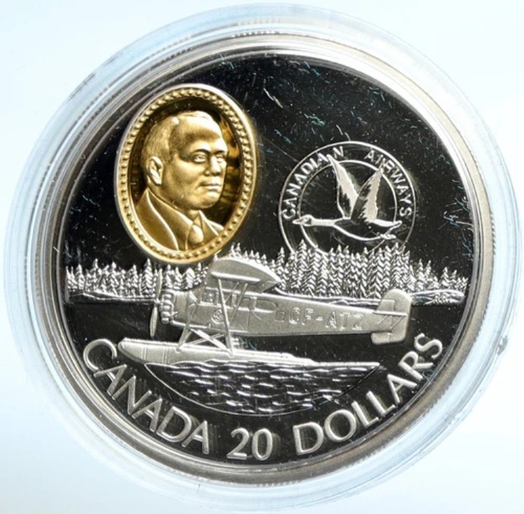1993年 カナダ エリザベス2世航空記念 フェアチャイルド 71セント 20ドル銀貨 i103008