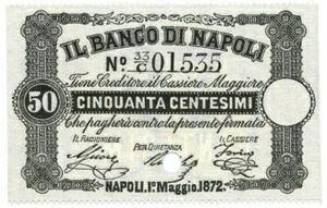 50 CENTESIMI ANNULLATO USO カンピオーネ バンコ ディ ナポリ フェデ クレジット 01/05/1872 FDS画像