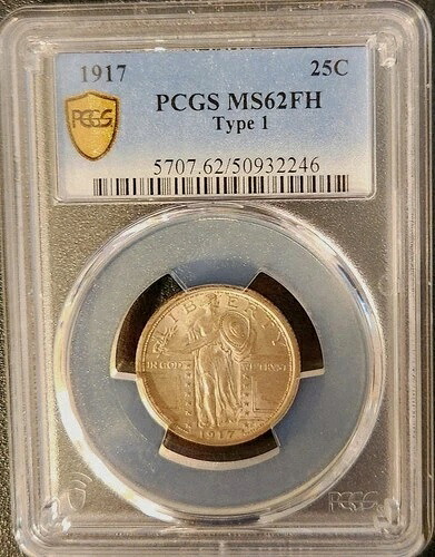 1917年 25セント スタンディング リバティ シルバー クォーター PCGS MS62 FH フルヘッド タイプ1
