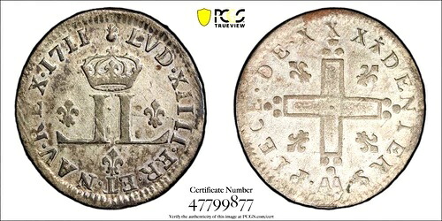 1711 AA フランス植民地 30デニール、PCGS AU 50、KM-378.1、AUでは希少