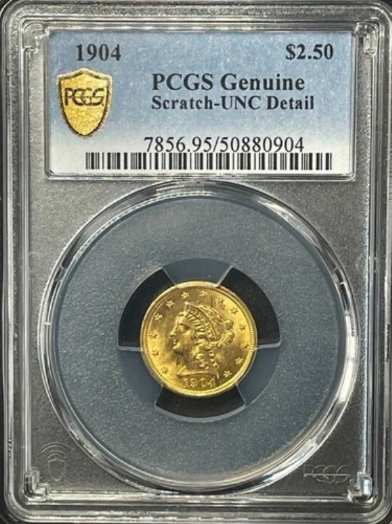 1904年 $2.50 リバティゴールド PCGS 本物 未流通 細部傷あり