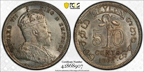 英国セイロン、1902年エドワード7世記念50セント。PCGS MS 64。発行枚数20万枚。