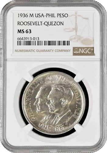 フィリピン 1ペソ 1936年 M、NGC MS63、「コモンウェルス、ルーズベルト、ケソン」銀貨
