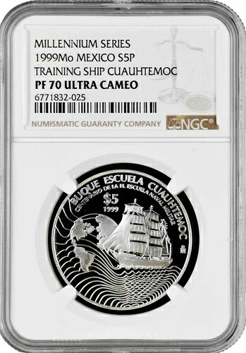 メキシコ 5ペソ 1999年 NGC PF70 UC、「海軍学校100周年記念」トップポップ