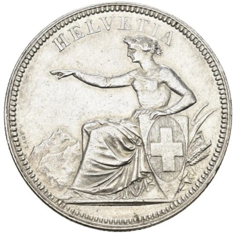 スイス 1874 B. ブリュッセル 5フラン ヘルヴェティア座像、オリジナルトーン
