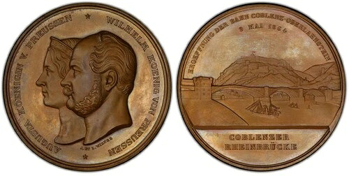 ドイツ聖ブランデンブルク＝プロイセン。1864年ブロンズメダル。PCGS SP64 コブレンツ・ライン橋