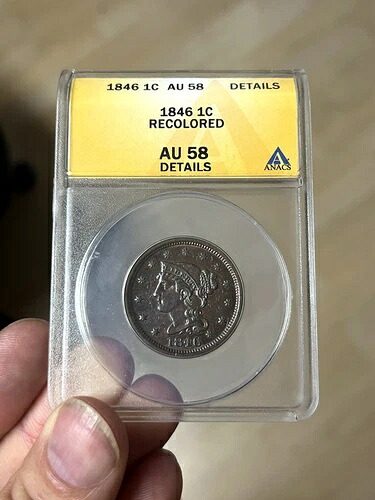 1846年製 編み込みヘア ラージセント ANACS AU58 詳細 ? 1セント銅貨 ? 再着色