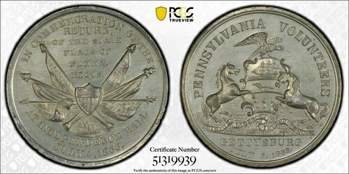 ペンシルベニア義勇兵ゲティスバーグ演説メダル - PCGS MS62 217,250円