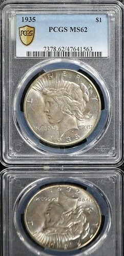1935 年 P ピース シルバー ドル PCGS 認定 MS62 ~ 希少 ~ 認定レインボー トーン!