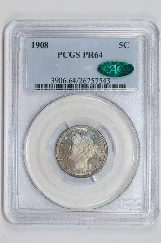 1908 年 プルーフ リバティ V ニッケル PCGS PR64 CAC - 非常に高品質!