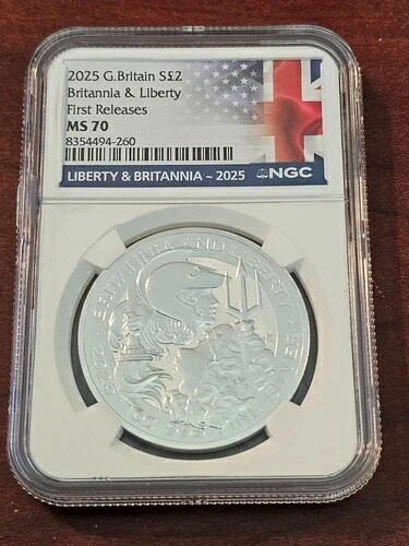 2025年 英国 2ポンド リバティ＆ブリタニア 1オンス 銀貨 NGC MS70 初版