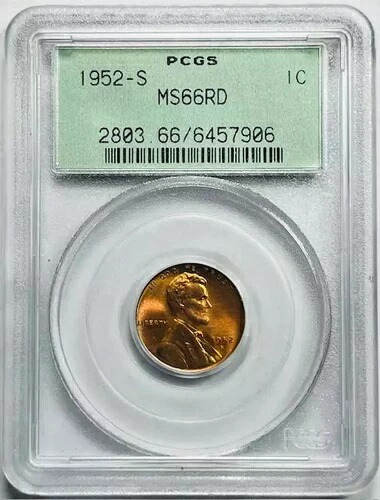 1952 S スモール セント リンカーン ウィート ペニー PCGS MS-66 RD レッド オールド グリーン ホルダー!